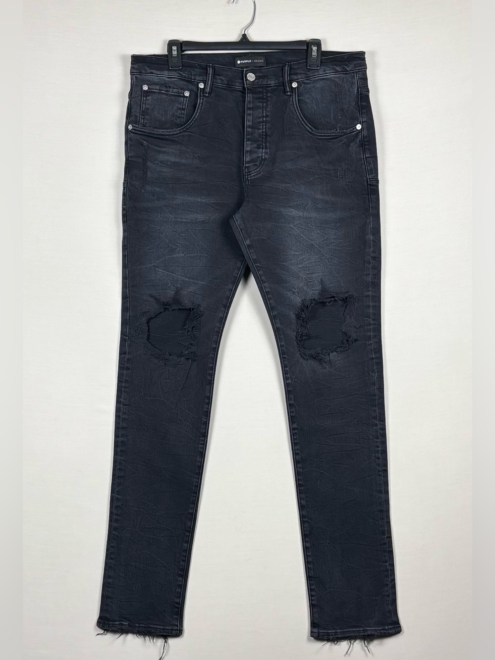 Purple Brand P002 Jeans Men’s 36W Black Distressed Slim Stretch Button Fly Denim